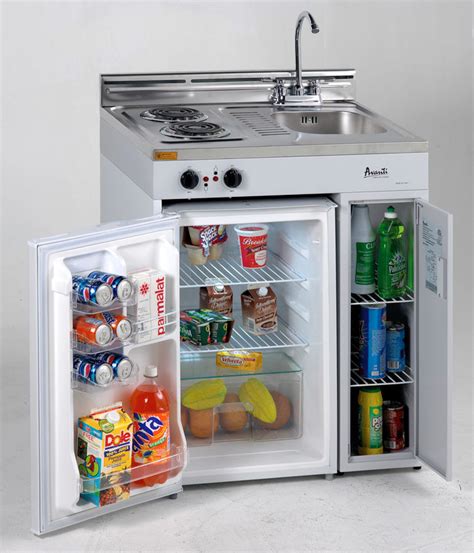 Stainless steel sink with chrome faucets, stainless steel countertop, two electric heating elements (500/900 watts), power indicator lights, seperate storage area with door, two drawers, integrated backsplash, refrigerator: Avanti CK302 30 Inch Complete Compact Kitchen with 3.0 cu ...