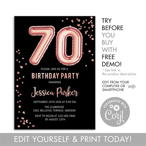 70th Birthday Party Invitation Instant Download Digital Etsy