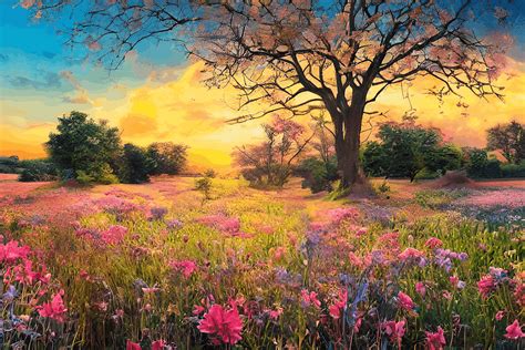 Natures Sunrise Flower Meadow Landscape Graphic By Eifelart Studio