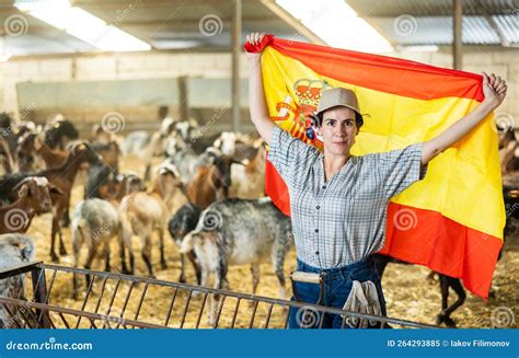 Portrait Of Happy Female Farmer With Spanish Flag In Their Hands In Goat Pen Stock Image Image