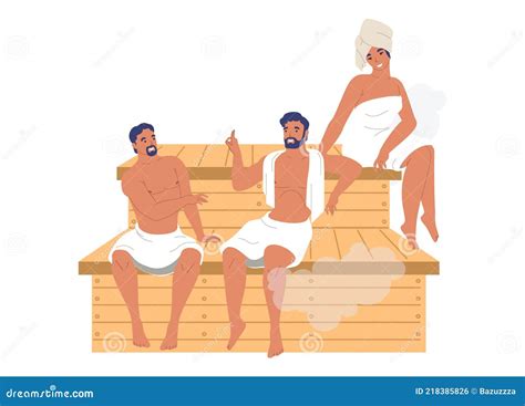 Happy People Friends Relaxing Enjoying Steam Bath Sauna Vector Illustration Spa Resort Steam