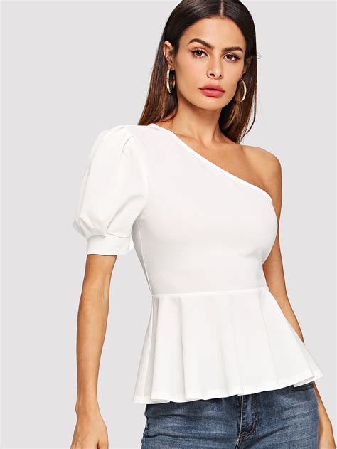 One Shoulder Puff Sleeve Peplum Top Shein In