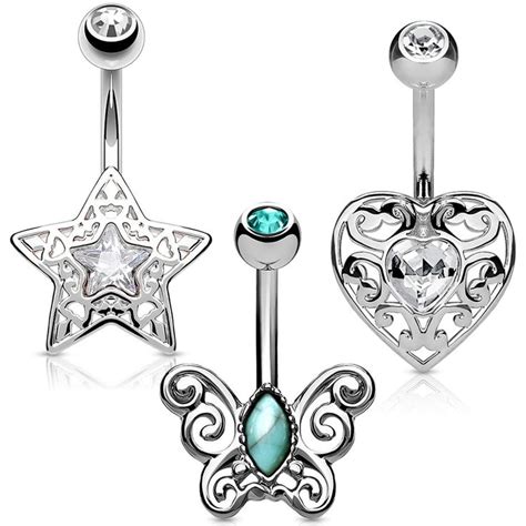 Bodyj4you 3pc Belly Button Rings Set 14g Butterfly Heart Stainless