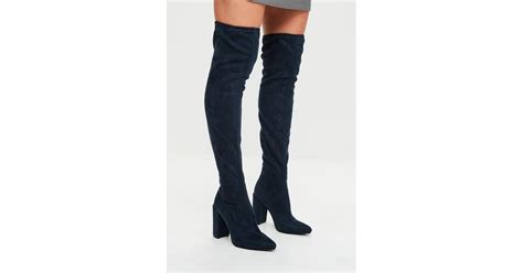 Missguided Navy Pointed Faux Suede Over The Knee Boots Yara Shahidi Blue Suede Boots