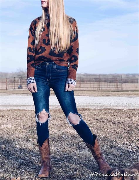 Skinny Jeans And Cowgirl Boots Outfit With Leopard Top Cowgirl Boots