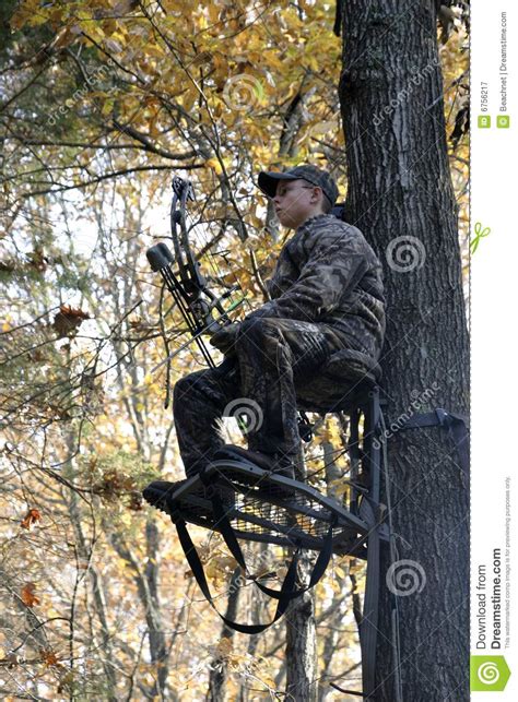 Bow Hunter Waiting In Tree Stand Stock Image Image Of