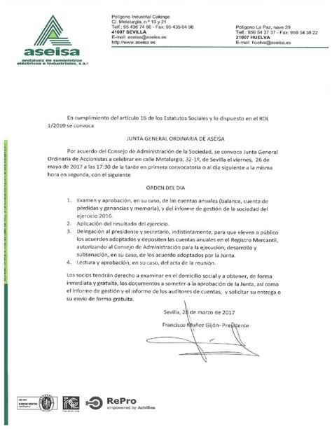 Convocatoria Junta General De Accionistas 2017 Aseisa