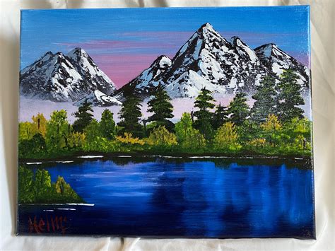 Mountain Lake Painting Bob Ross Style Mountain Art Etsy