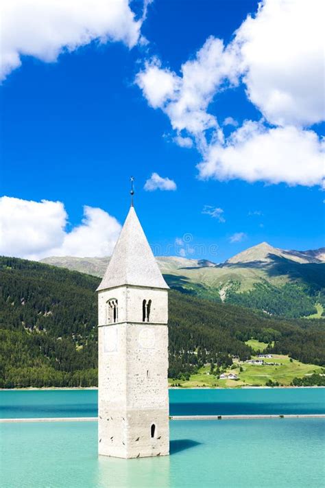 Tower Of Sunken Church In Resia Lake South Tyrol Italy Stock Photo