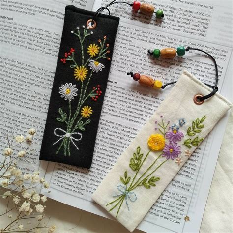 Hand Embroidered Flower Bouquet On Linen Bookmark By Maishandmade