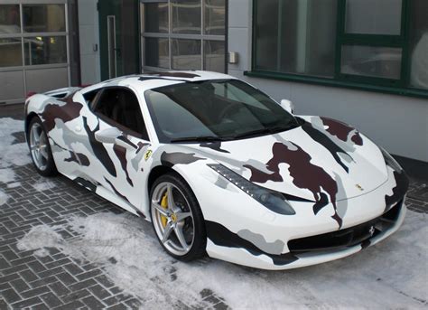 Complete colour change for all vehicles, in glossy or matt colours. Ferrari 458 Italia in Snow Camouflage Wrap