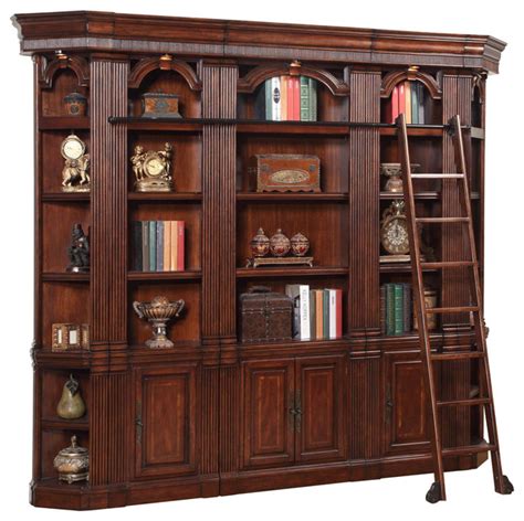 Parker House Wellington Library Bookcase Wall With Ladder In Brown