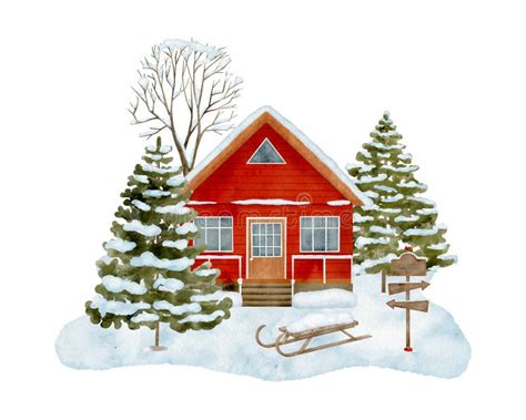 Watercolor Winter House Landscape Hand Drawn Wood Cottage In The Woods