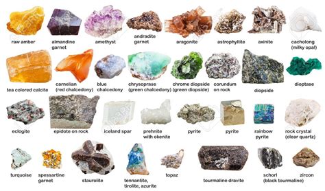 Varias Piedras Preciosas Y Cristales En Bruto Con Nombres Aislados En