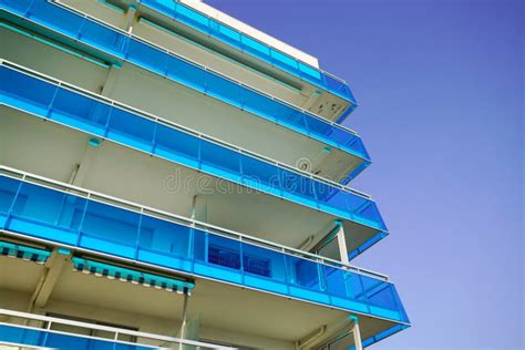 New Blue Balcony Apartment Building Corner Residential Exterior Stock