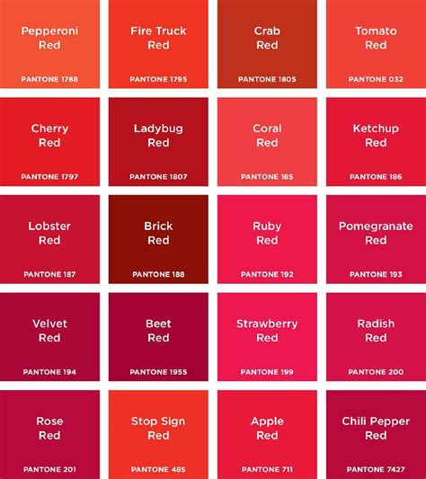 The Color Chart For Red Is Shown In This Image With Different Shades