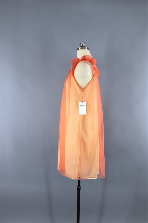 1960s Vintage Orange Chiffon Nightie Nightgown Thisbluebird