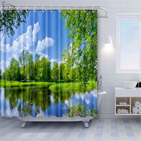 Nyaa Natural Scenery Shower Curtains Waterfall Green Meadow Flower