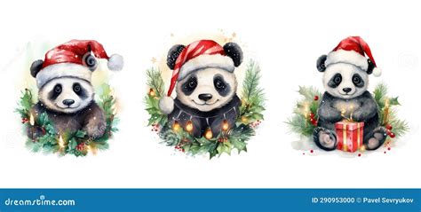 Animal Cute Panda In Christmas Lights Watercolor Ai Generated Stock
