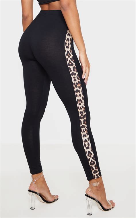 Black Leopard Side Stripe Leggings Trousers Prettylittlething