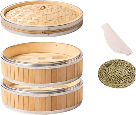 Organic Bamboo Steamer Basket 25cm10inch 3 Tier Baskets With Lid