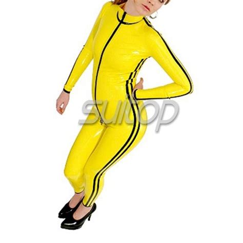 Female S Latex Catsuit With Feet In Yellow And Black Tirm With Front Zip