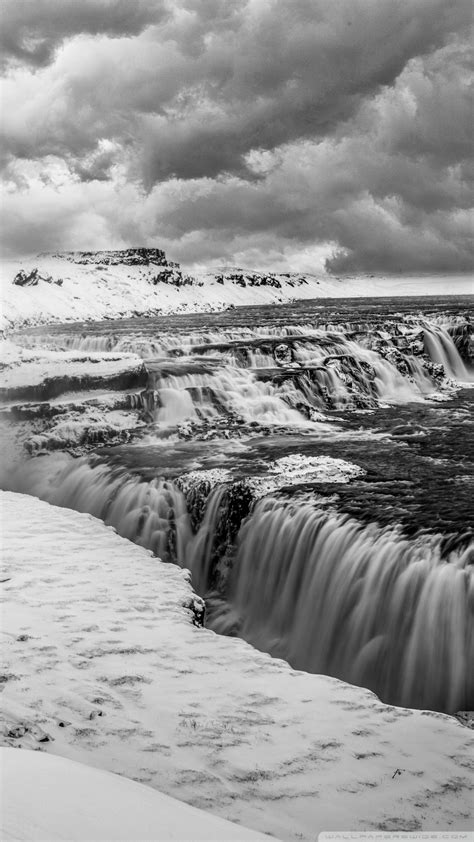 Gullfoss Waterfall Iceland Winter Black And White Ultra Hd Desktop
