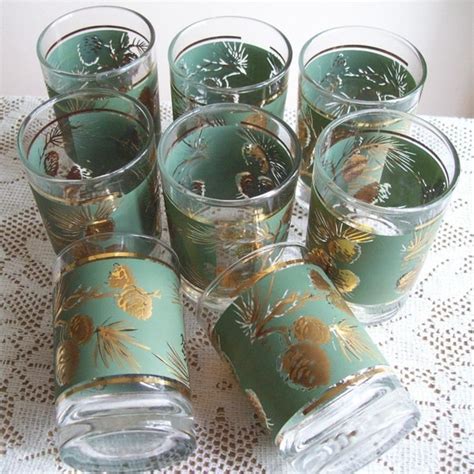 Libbey Pine Cone Green Gold Vintage Glasses