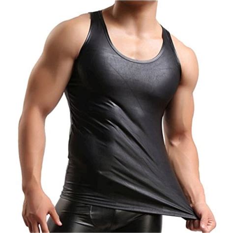 YUFEIDA Men S Faux Leather Vest Undershirt Sexy Lingerie Tank Black