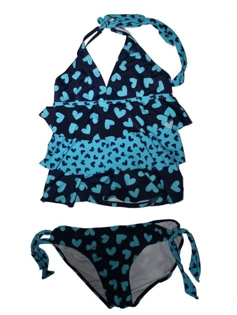 Girl Justice Blue Heart Ruffle Tankini Bathing Suit Swim Two Piece Size