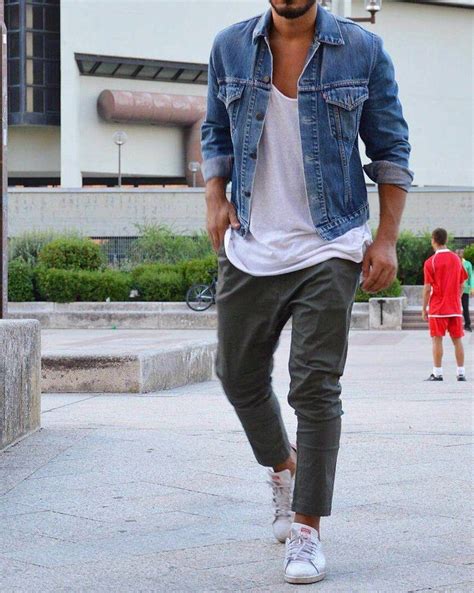 Denim Jacket With Green Chinos For Men Jean Jacket Outfits Men Blue