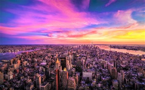 Aerial City Cityscape Horizon Manhattan New York Panorama Sky Sunset