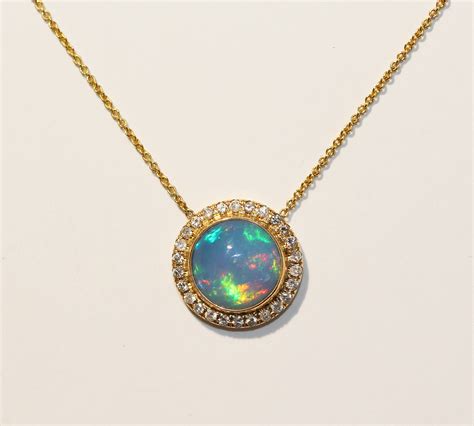 Opal Pendant 14k Yellow Gold W Diamonds Split Chain