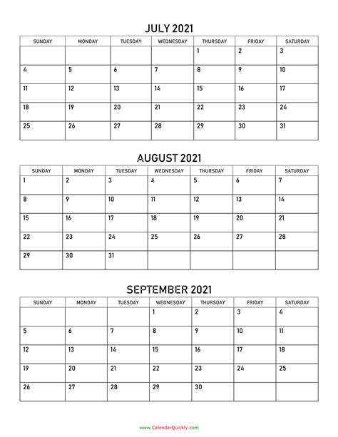 July To September 2021 Calendar Calendar Quickly