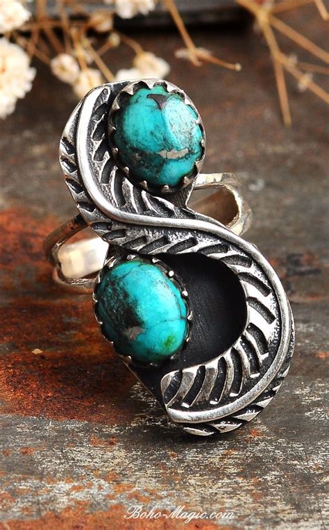 Western Style Turquoise Jewelry Chunky Feather Ring Handmade Statement