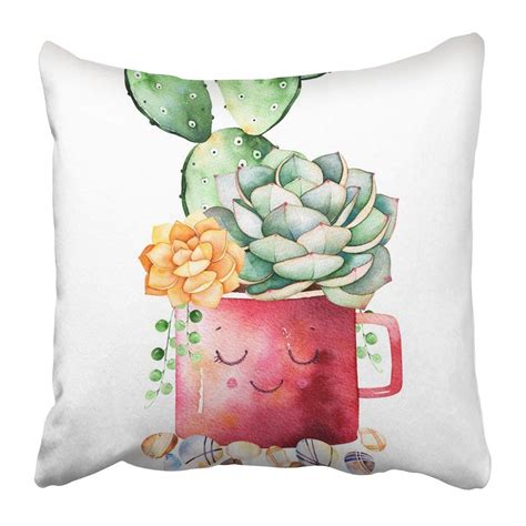Artjia Watercolor Handpainted Succulent Plant And Cactus In Pot And