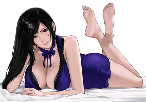 Jck Tifa Lockhart In Bed Big Boobs Long Hair Red Eyes Looking At Viewer Feet Crossed