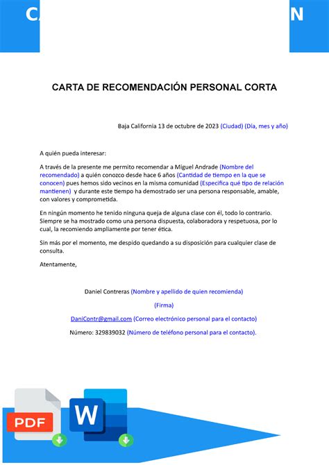 Carta De Recomendacion Personal Corta Carta De RecomendaciÓn Personal