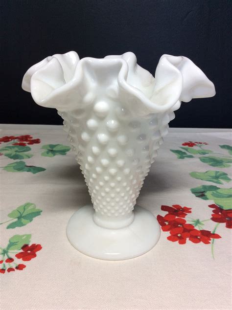 Fenton White Milk Glass Hobnail Vase Ruffled Top Footed Base 3 Etsy