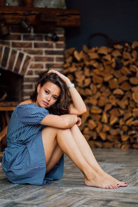 Beautiful Girl In Blue Dress Sit Barefoot On Floor Stock Image Image Of Emotion Care 191488203