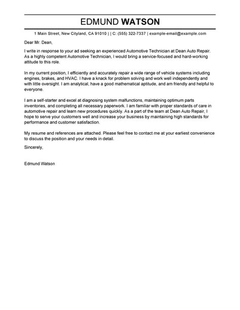 A technician job cover letter also serves the same purpose. Best Automotive Technician Cover Letter Examples | LiveCareer