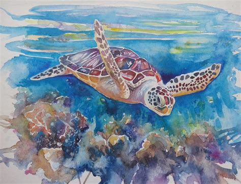 Watercolour Painting Of A Sea Turtle Swimming Above A Etsy Uk