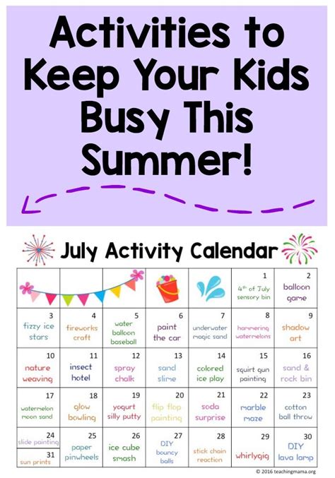 July Activity Calendar Fun Summer Activities Summer Activities For