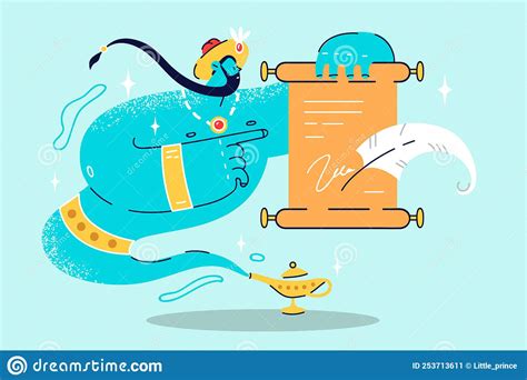 Blue Genie From Bottle Show List Of Wishes Stock Vector Illustration