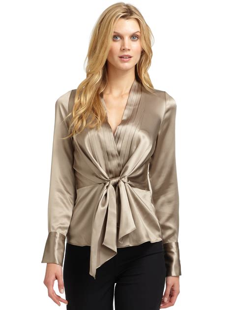 Lyst Lafayette 148 New York Camilla Silk Satin Pleated Blouse In Natural