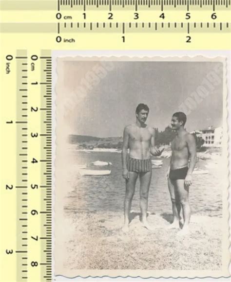 Two Handsome Shirtless Men Guys Talking Beach Trunks Bulge Males Old