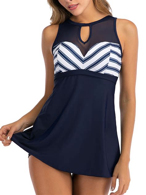 mid ten women ladies plus size swimdress striped swimwear swimsuit 04e