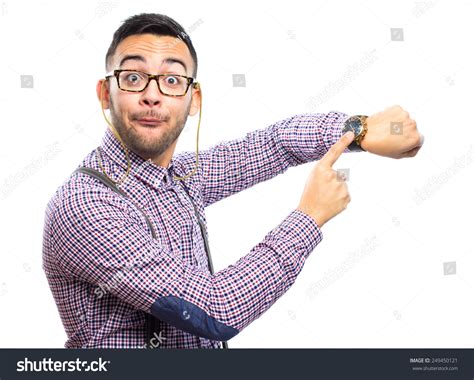 Funny Nerd Pointing His Watch Stock Photo 249450121 Shutterstock