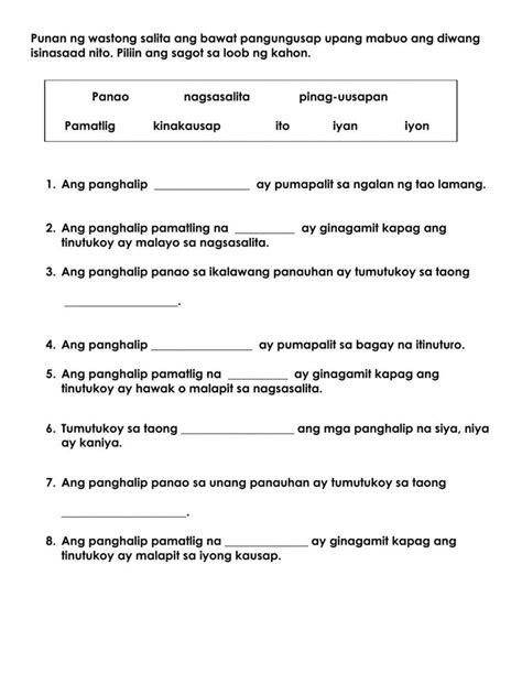 Panghalip Panao At Pamatlig Worksheet 1st Grade Worksheets