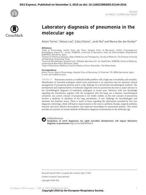 Pdf Laboratory Diagnosis Of Pneumonia In The Molecular Ageerj